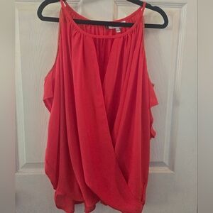 Jennifer Lopez Coral Red Sleeveless Draped Blouse